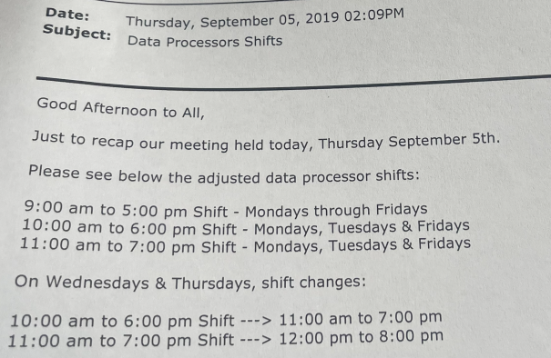Data Processor Shift Change Email